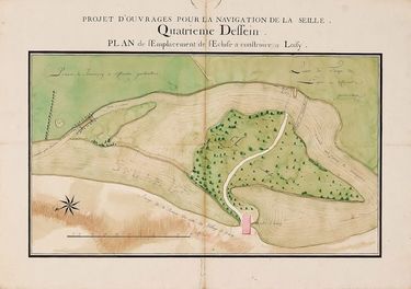 Seille canalisée&nbsp;: Projet d'ouvrage pour la navigation de la Seille. Quatrième dessin. Plan de l'emplacement de l'écluse à construire à Loisy. Il s'agit probablement d'un plan d'avant 1784. VNF-direction territoriale Centre-Bourgogne, subdivision de Montceau-les-Mines.