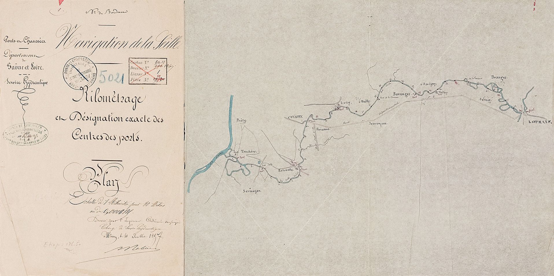 Carte de la Seille, «&nbsp;Kilométrage et Désignation exactes des Centres des ports&nbsp;», Dessin aquarellé, daté du 10 juillet 1857, VNF-direction territoriale Centre-Bourgogne.