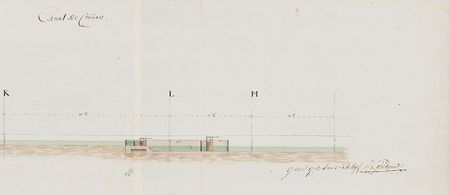 Extrait du projet de profil en long de la Seille à Cuisery, dressé sous la direction de l’ingénieur Guillemot en 1793. On remarque les portes en bois de l’écluse de Cuisery telles qu’elles ont été restituées sur certains sas du canal du Nivernais. VNF-direction territoriale Centre-Bourgogne.