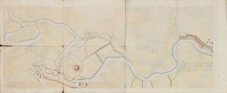 Plans d'origine de la canalisation de la Seille, ratifiés par les Etats Généraux de Bourgogne. Partie concernant Branges. Le château de Branges (disparu) est visible sous la forme d'une motte. Dessin aquarellé, 131.3&nbsp;x&nbsp;53.7&nbsp;cm et daté du 20 février 1784. VNF-direction territoriale Centre-Bourgogne.