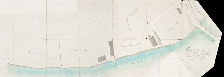 «&nbsp;Plan du chemin de contre halage aux abords du pont de Louhans (rive droite de la Seille)&nbsp;», par le conducteur des Ponts et Chaussées Cueille, le 7 septembre 1856. Ce plan indique un bâtiment des salines de Montmorot. Dessin aquarellé, 190&nbsp;x&nbsp;61&nbsp;cm, signé et daté 1856. VNF-direction territoriale Centre-Bourgogne.