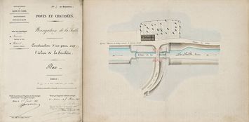 Seille canalisée&nbsp;: «&nbsp;Construction d'un pont sur l'écluse de la Truchère&nbsp;: plan&nbsp;», par Reboul, ingénieur ordinaire, le 7 mars 1860, visé par Fournier. Ensemble du site de l'écluse. VNF-direction territoriale Centre-Bourgogne