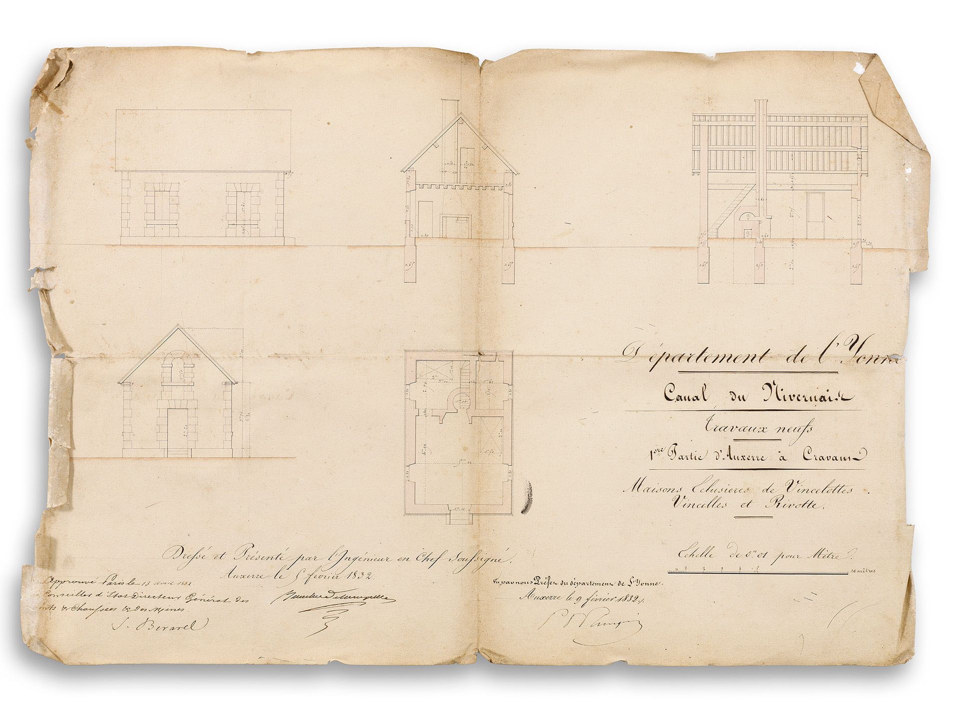 Elévation, plan et coupe des «&nbsp;Maisons éclusières de Vincelottes, Vincelles et Rivotte&nbsp;» de type Poirée, daté de février 1832. VNF-direction territoriale Centre-Bourgogne&nbsp;; Subdivision de Corbigny.