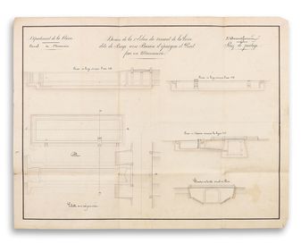 «&nbsp;Dessin de la 1ère Ecluse du versant de la Loire dite de Baye avec Bassin d'épargne et Pont fixe en Maçonnerie&nbsp;». Coupe, plan et élévation. VNF-direction territoriale Centre-Bourgogne, subdivision de Corbigny.