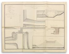 Plan, coupe et élévation du «&nbsp;Pont à construire sur le canal à la Rencontre de la Route Royale n°79 de Paris à Genève&nbsp;». 1827. VNF-direction territoriale Centre-Bourgogne, subdivision de Corbigny.