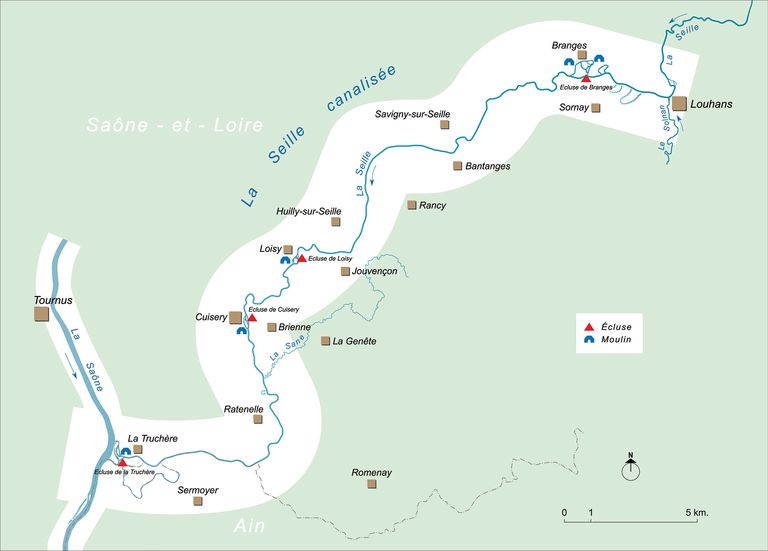 Carte de la Seille canalisée avec les écluses et les moulins.