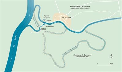 Schéma de l’ancien et du nouveau tracé de la Seille au niveau de La Truchère.