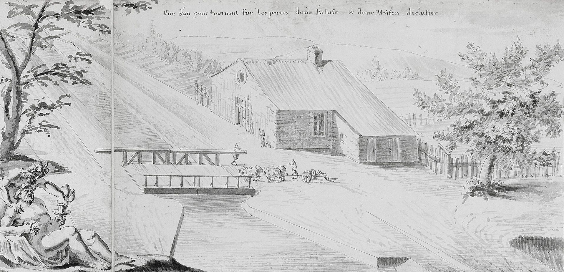 «&nbsp;Vue d’un pont tournant sur les portes d’une écluse et d’une maison d’éclusier&nbsp;», détail de la 2ème feuille de la «&nbsp;Carte générale des différents projets du canal du Charollais&nbsp;» d’Emiland-Marie Gauthey, 1782. Archives départementales de Saône-et-Loire, C SUP CC 368 / 2ème feuille.