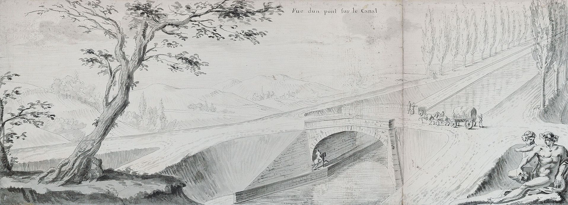 Canal du Centre&nbsp;: «&nbsp;Carte générale des différents projets du canal du Charollais&nbsp;» d’Émiland-Marie Gauthey, 1782. Détail du linéaire de Paray-le-Monial à Génelard. Dessin d'un pont sur le canal. Archives départementales de Saône-et-Loire, C SUP CC 368 / 2ème feuille