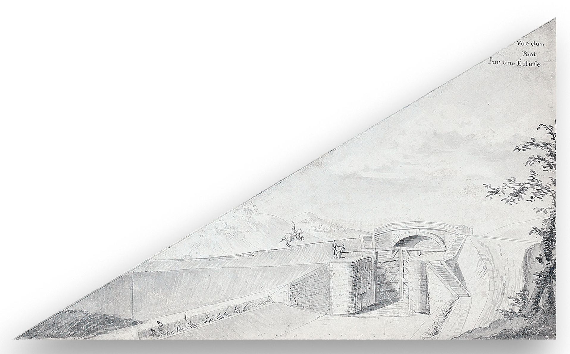 «&nbsp;Idée générale du projet du canal du Charollais&nbsp;» d’Émiland-Marie Gauthey, 1782. Dessin de la vue d’une écluse et d’un pont sur écluse. Archives départementales de Saône-et-Loire, C SUP CC 368 / 3ème feuille