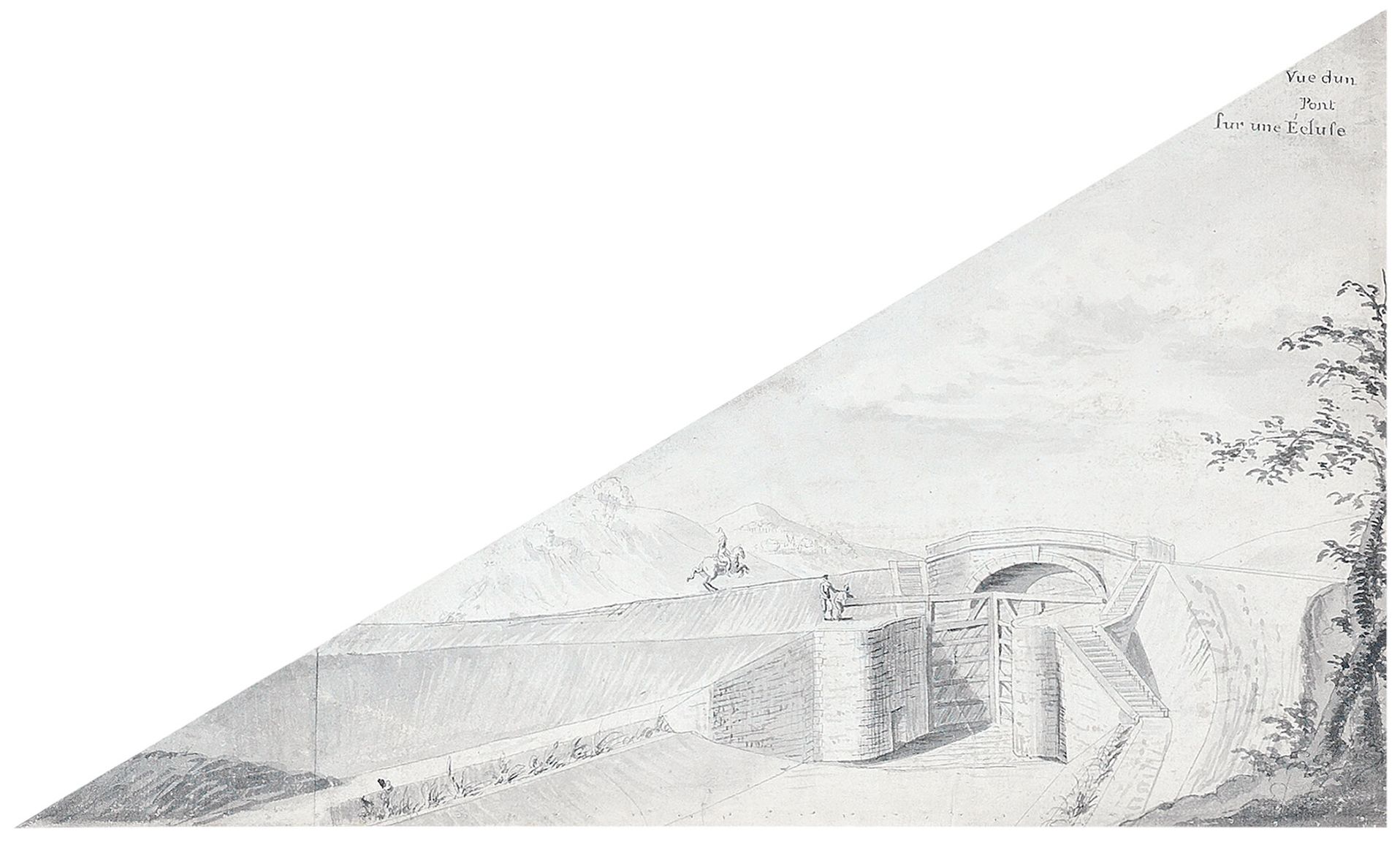 Canal du Centre&nbsp;: «&nbsp;Carte générale des différents projets du canal du Charollais&nbsp;» d’Émiland-Marie Gauthey, 1782. Détail du linéaire de Civry à Lucy. Dessin d'un pont sur écluse. Archives départementales de Saône-et-Loire, C SUP CC 368 / 3ème feuille