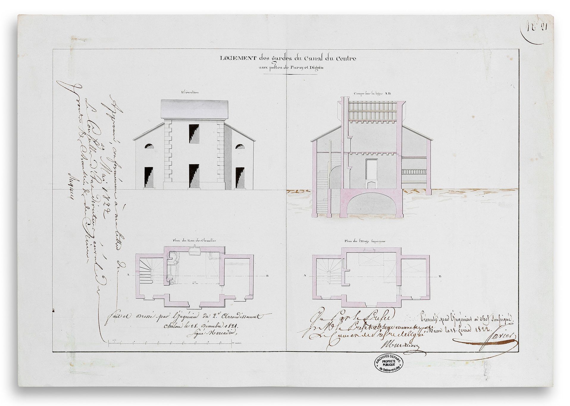 «&nbsp;Logement des gardes du canal du Centre aux postes de Paray et Digoin&nbsp;». Plan, coupe et élévation par Mercadier, 1821. Archives départementales de Saône-et-Loire, 3 S 34.