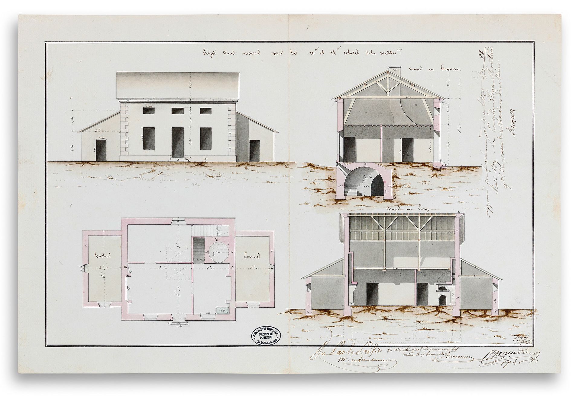 «&nbsp;Projet d'une maison pour la 10è et 12è écluse de la méditerranée&nbsp;». Plan, coupe et élévation. Mercadier, 1819. Archives départementales de Saône-et-Loire, 3 CDC 34.