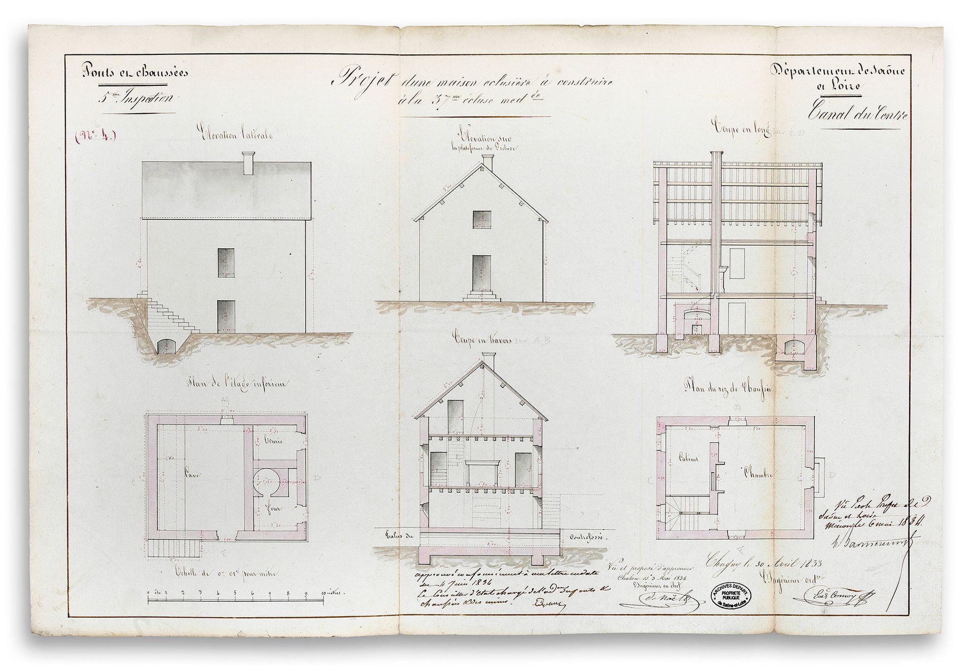 Plan, coupe et élévation du «&nbsp;Projet d'une maison éclusière à construire à la 37è écluse méditerranée&nbsp;» donné par Comoy en 1833 réinterprétant un modèle de Gauthey. Archives départementales de Saône-et-Loire, 1695 W 139