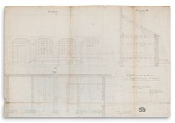 «&nbsp;Etablissement des bureaux sous le hangar de la maison des archives&nbsp;». Plan, coupe et élévation à Chalon-sur-Saône. Archives départementales de Saône-et-Loire, 1695 W 140