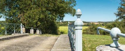 Canal du Nivernais&nbsp;: détail du garde-corps avec balustre terminée par une pomme de pin sur le pont sur l'écluse 54 du versant Seine à Lucy-sur-Yonne.