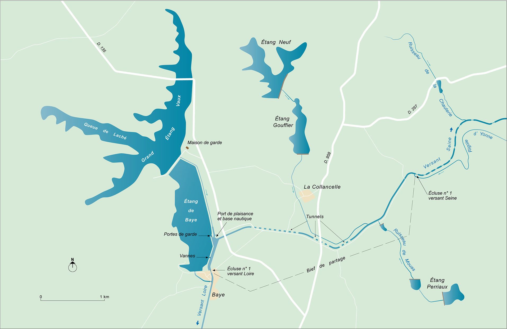 Carte des étangs et du bief de partage du canal du Nivernais.