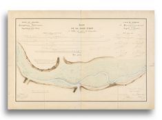 Profils et plan général. «&nbsp;Dessin de la prise d'eau à établir au pont de Pannetière&nbsp;» signé Charié et daté du 28 octobre 1839. Archives départementales de la Nièvre, 60 J 4.