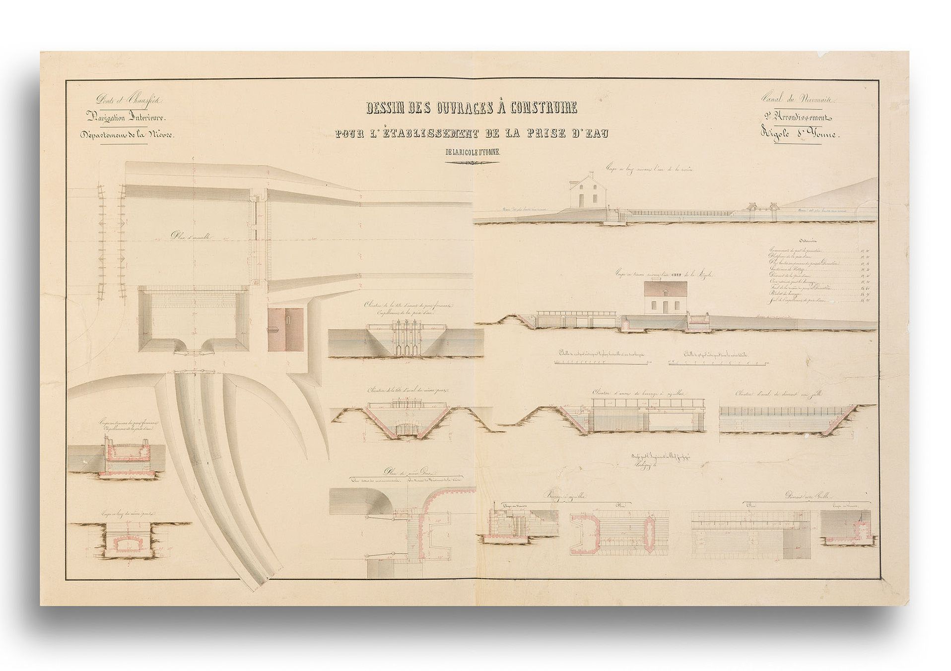 «&nbsp;Dessin des ouvrages à construire pour l'établissement de la prise d'eau de la rigole d'Yonne&nbsp;». Plan, coupe et élévation. Archives départementales de la Nièvre, 60 J 4.