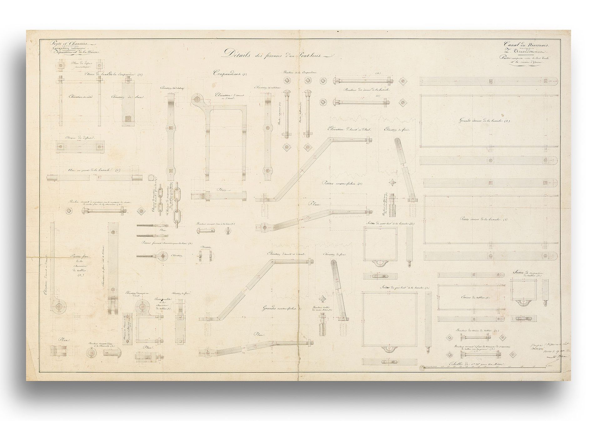 Dessin représentant le «&nbsp;Détail des ferrures d'un pont-levis&nbsp;» par Poirée, daté du 19 novembre 1832. Archives départementales de la Nièvre, 60 J 4.