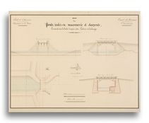 Plan, coupe et élévation&nbsp;; «&nbsp;Dessin des ponts isolés en maçonnerie et charpente construits dans la partie comprise entre Lachaise et Coulanges&nbsp;». Archives départementales de la Nièvre, 60 J 4.