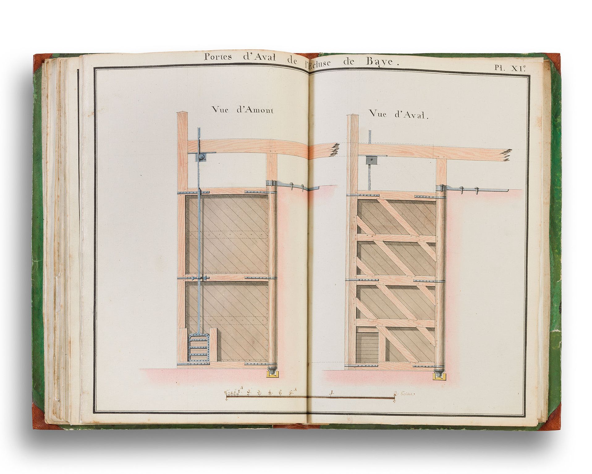 «&nbsp;Portes d’Aval de l’Ecluse de Baye&nbsp;», Planche XIe de la «&nbsp;Description du canal du Nivernais tel qu'il a été projeté pour la navigation du Bois, suivie d'un projet économique pour son extension tendant à la faire servir au commerce en général&nbsp;». Par le Sieur Hageau, Ingénieur en second dudit canal. 1790. Archives départementales de la Nièvre, 1 J 106.