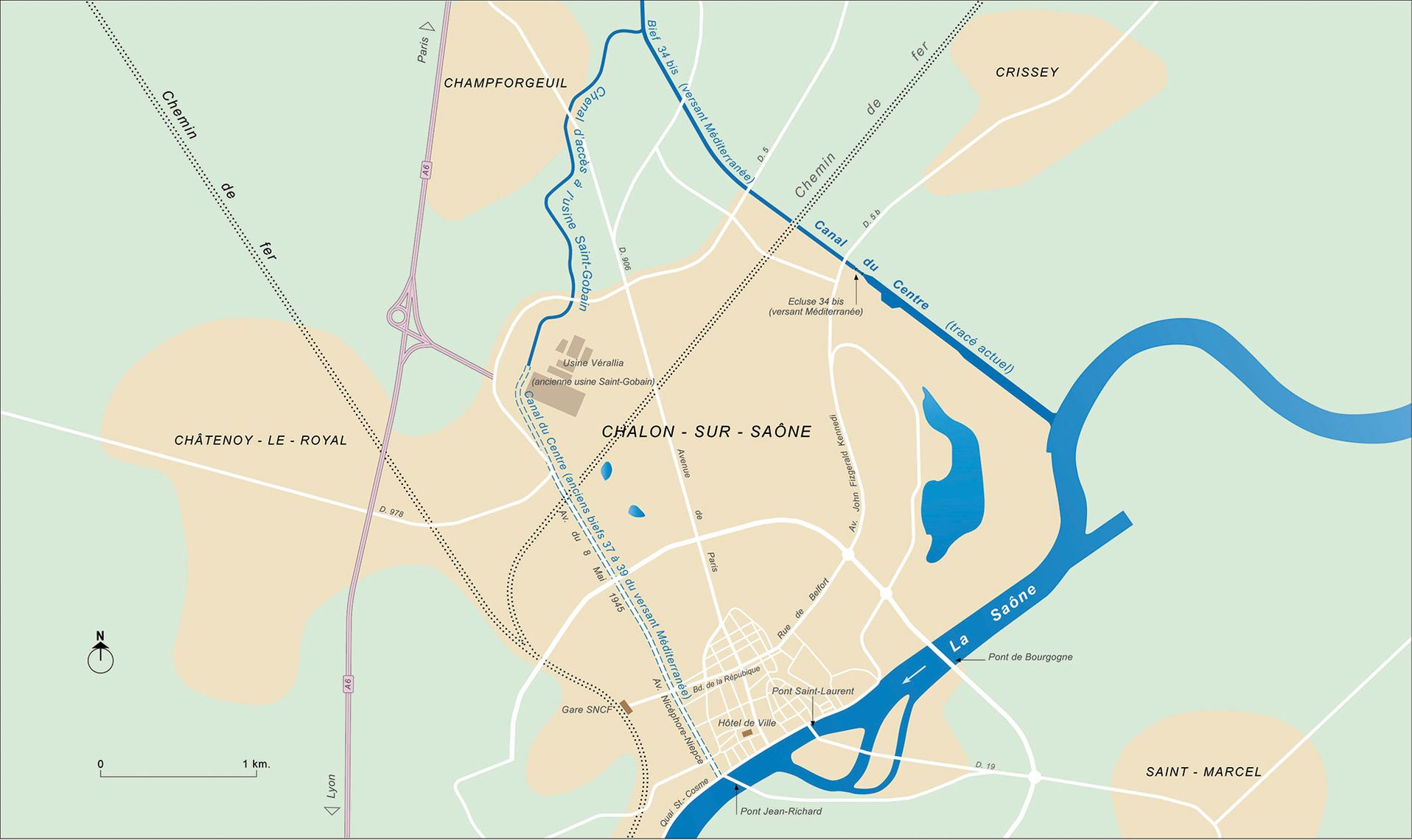 Plan de Chalon-sur-Saône indiquant l’ancien et le nouveau tracé du canal du Centre.