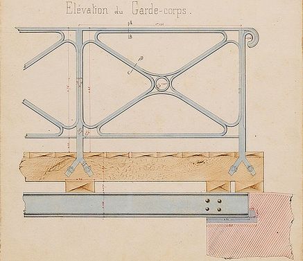 Canal du Nivernais&nbsp;: «&nbsp;Projet de remplacement du tablier en charpente par un tablier métallique. Pont sur l'écluse de Marré n°10&nbsp;». Plan général, élévations et coupe du pont actuel et du pont projeté. Détail de l’élévation du garde-corps en métal. VNF-Direction territoriale Centre-Bourgogne, subdivision de Corbigny.