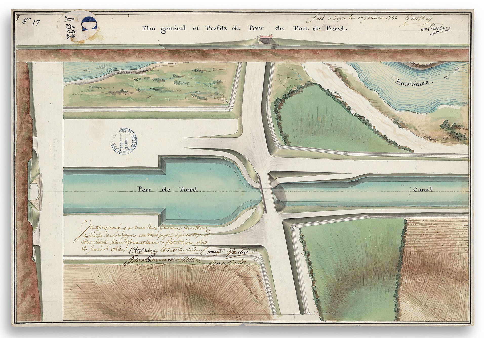 Le «&nbsp;Plan général et profils du Pont du port de Bord&nbsp;» fait partie d’une série dressée par Emiland-Marie Gauthey et datée du 10 janvier 1784. Approuvée par les Etats de Bourgogne, elle donne le signal de départ des travaux de construction du canal du Centre et en constitue la première image précise. Archives départementales de la Côte-d'Or / C04552&nbsp;; réutilisation soumise à conditions