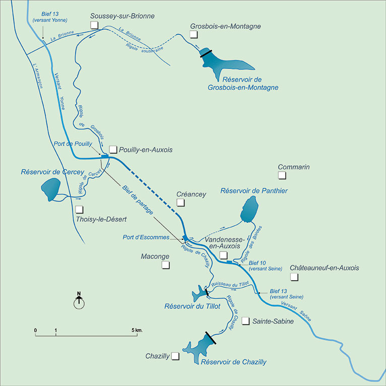 Carte des réservoirs du canal de Bourgogne au niveau du bief de partage.