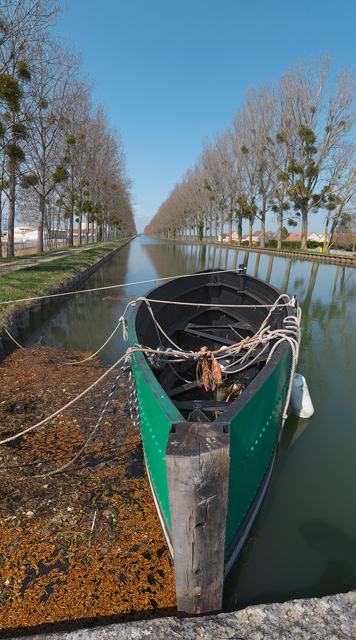 Alignement d’arbres au bief du versant Saône, avec un bateau-écluse au premier plan.  Il remplace les portes d’écluses en cas de travaux.