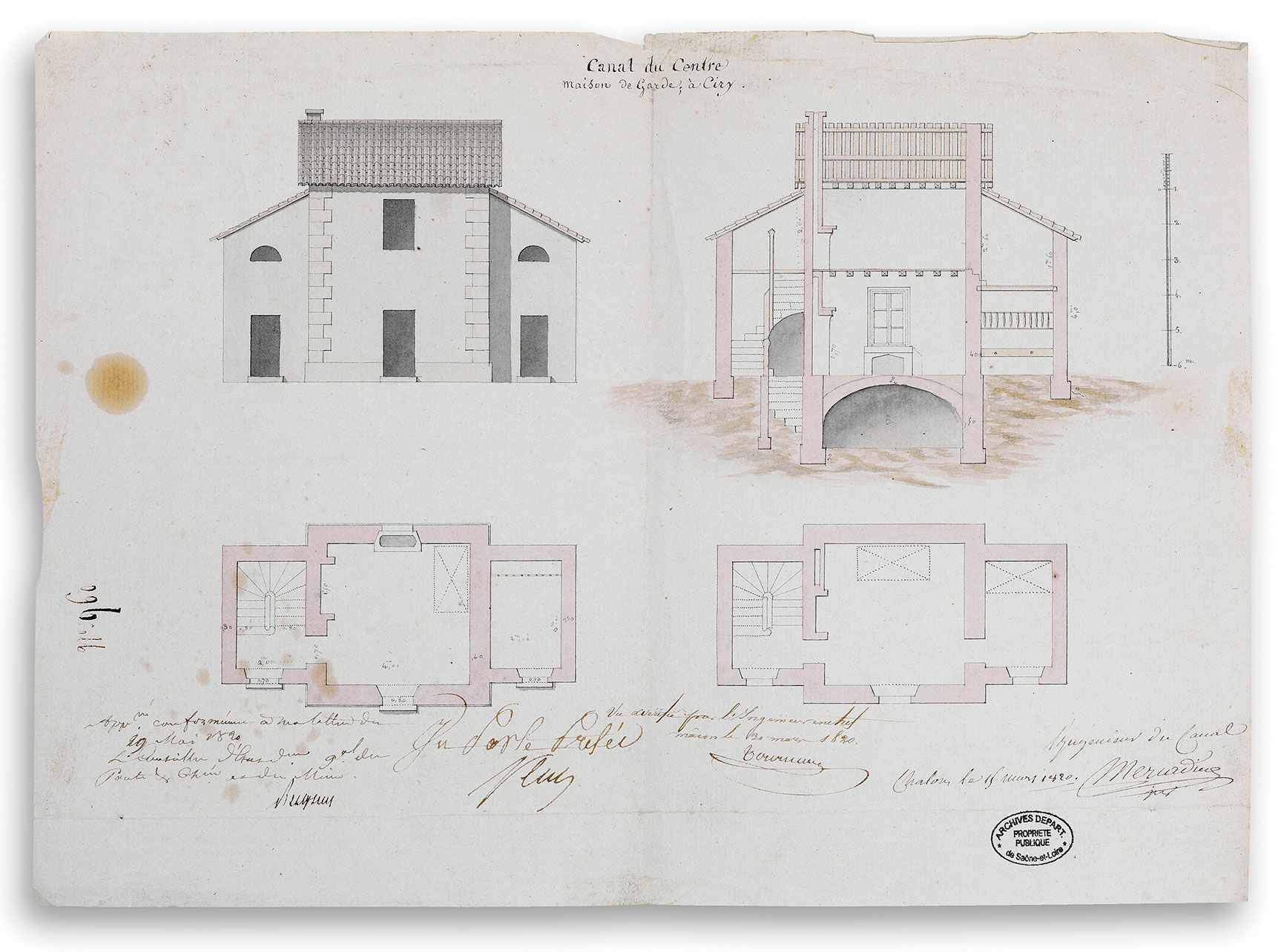 Plan, coupe et élévation de la maison de garde du Pont de Ciry, bief 14 du versant Loire à Ciry-le-Noble. Signé Mercadier et daté de 1820. Archives départementales de Saône-et-Loire, 1695 W 139