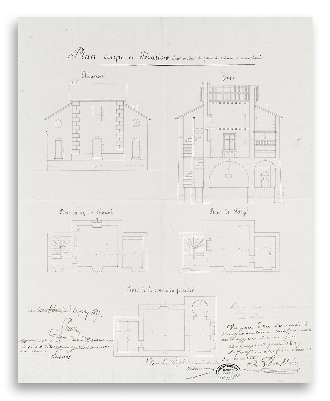 «&nbsp;Plan, coupe et élévation d'une maison de garde à construire à Montchanin&nbsp;», 1827. Archives départementales de Saône-et-Loire, 3 S 34.