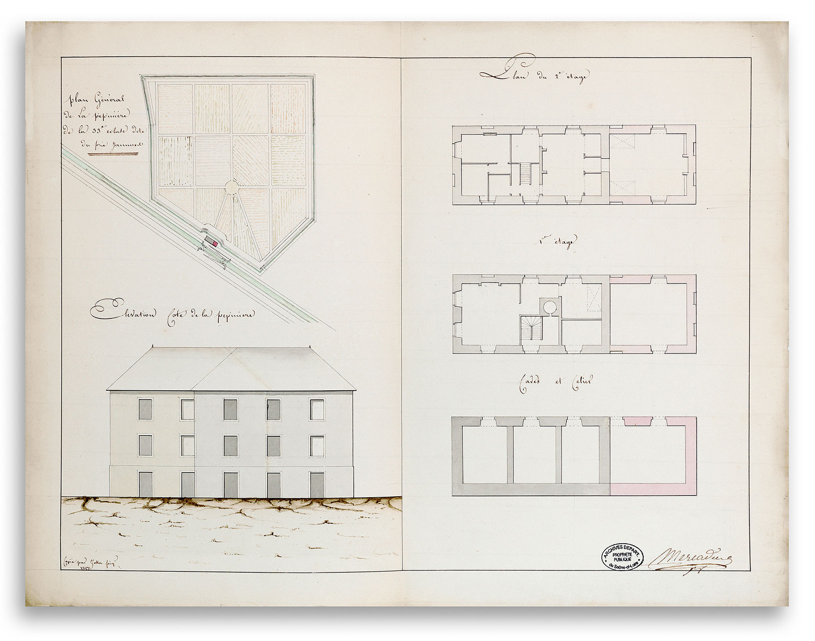 «&nbsp;Plan Général de la pépinière de la 33e écluse dite du Pré James&nbsp;». Plan et élévation. Signé Mercadier et daté de 1817. Archives départementales de Saône-et-Loire, 1695 W 138