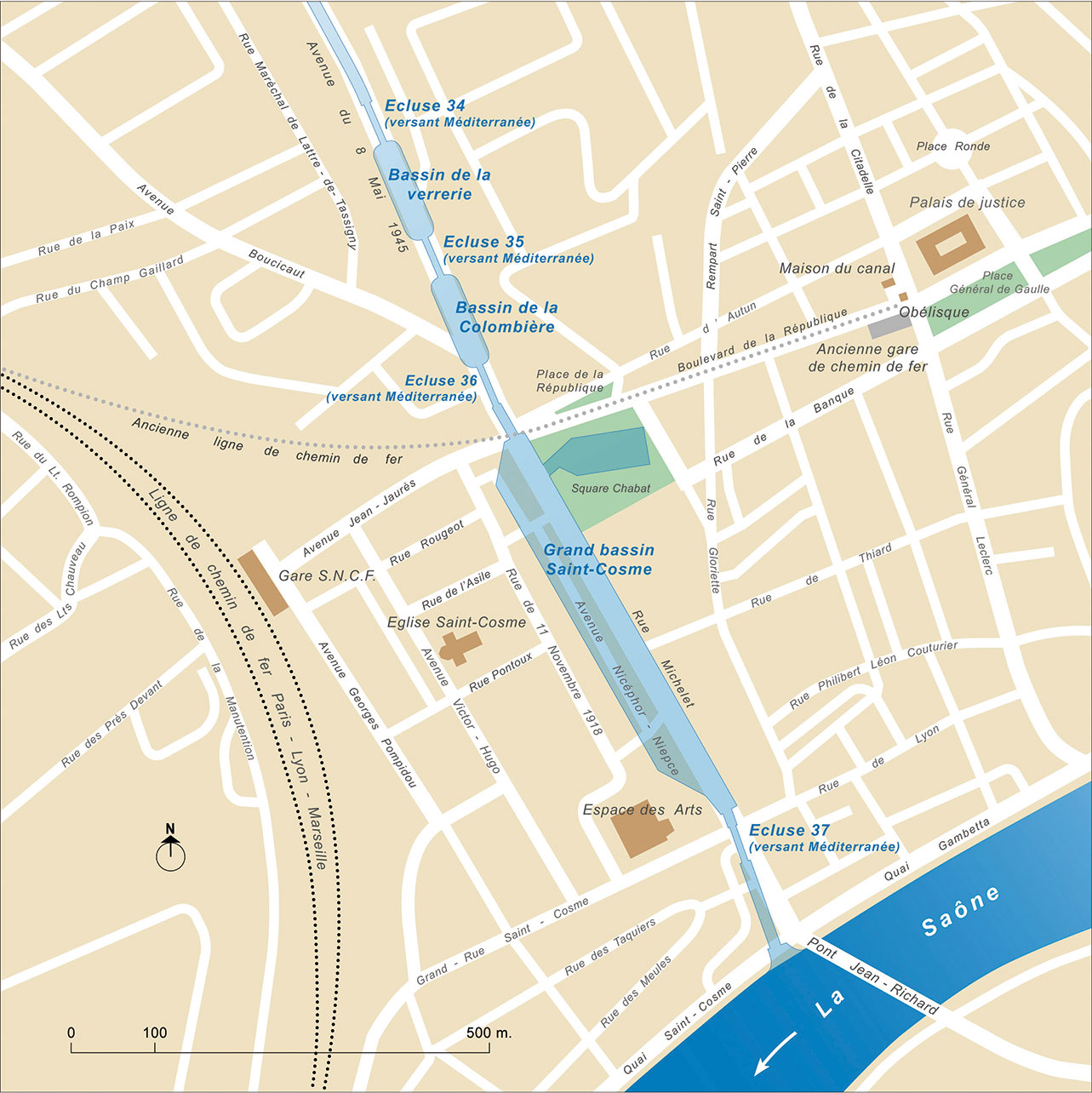 Plan de Chalon-sur-Saône indiquant l’ancien tracé du canal du Centre au niveau de l’actuelle avenue Nicéphore Niépce.