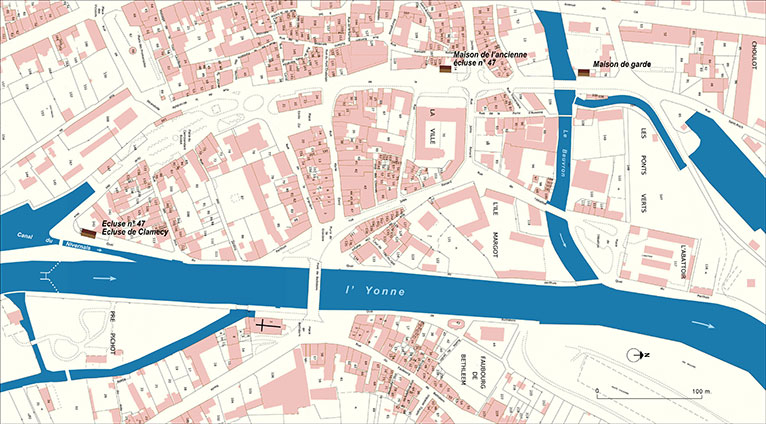 Schéma de la traversée du centre de Clamecy une fois le canal comblé.