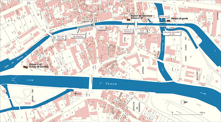 Schéma de la traversée du centre de Clamecy par le canal du Nivernais.