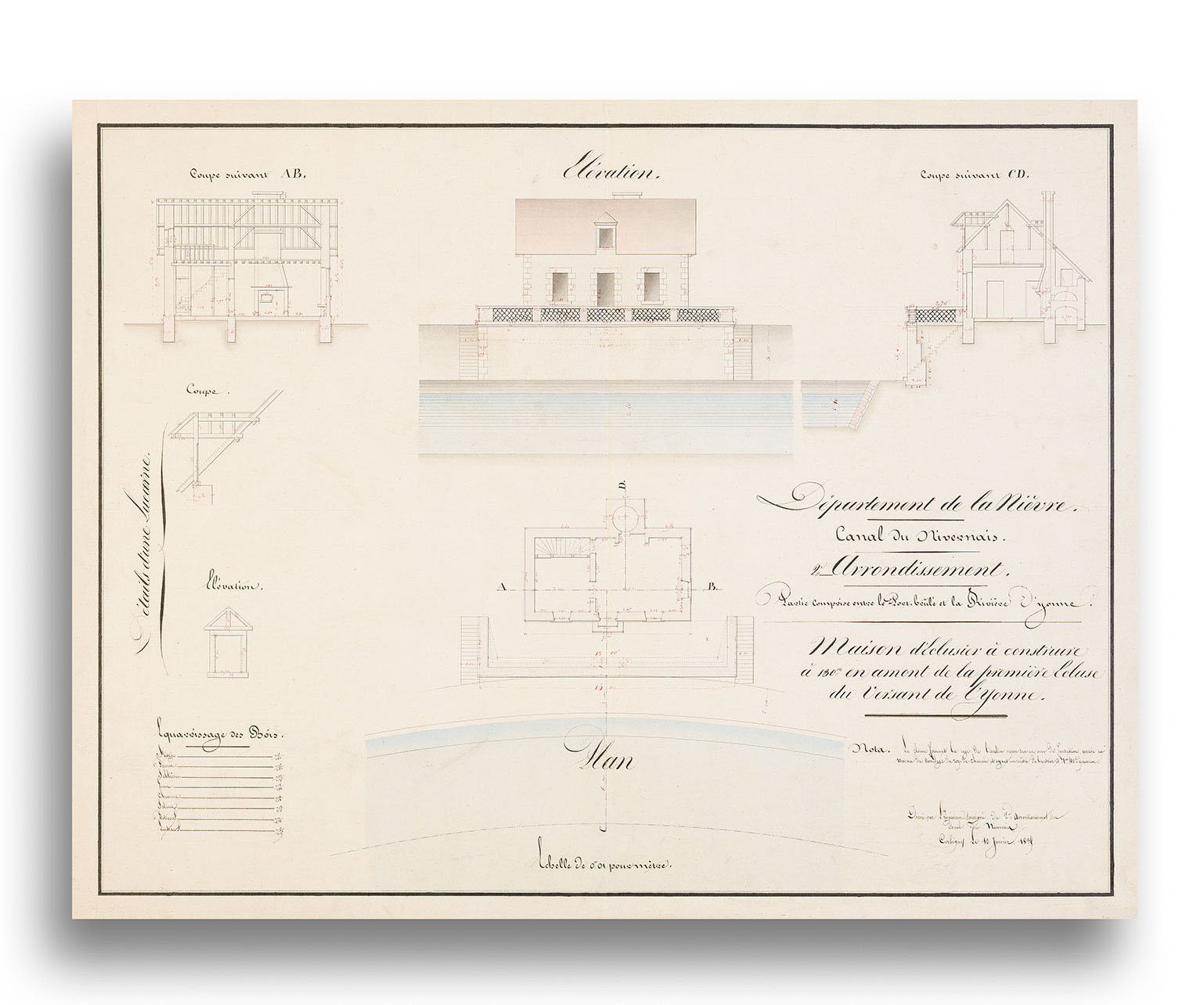 Plan, coupe et élévation d’une «&nbsp;Maison d'éclusier à construire à 130m en amont de la première écluse du versant de l'Yonne&nbsp;». Dessin aquarellé, 10 janvier 1839 (1834&nbsp;?). Archives départementales de la Nièvre, 60 J 4.