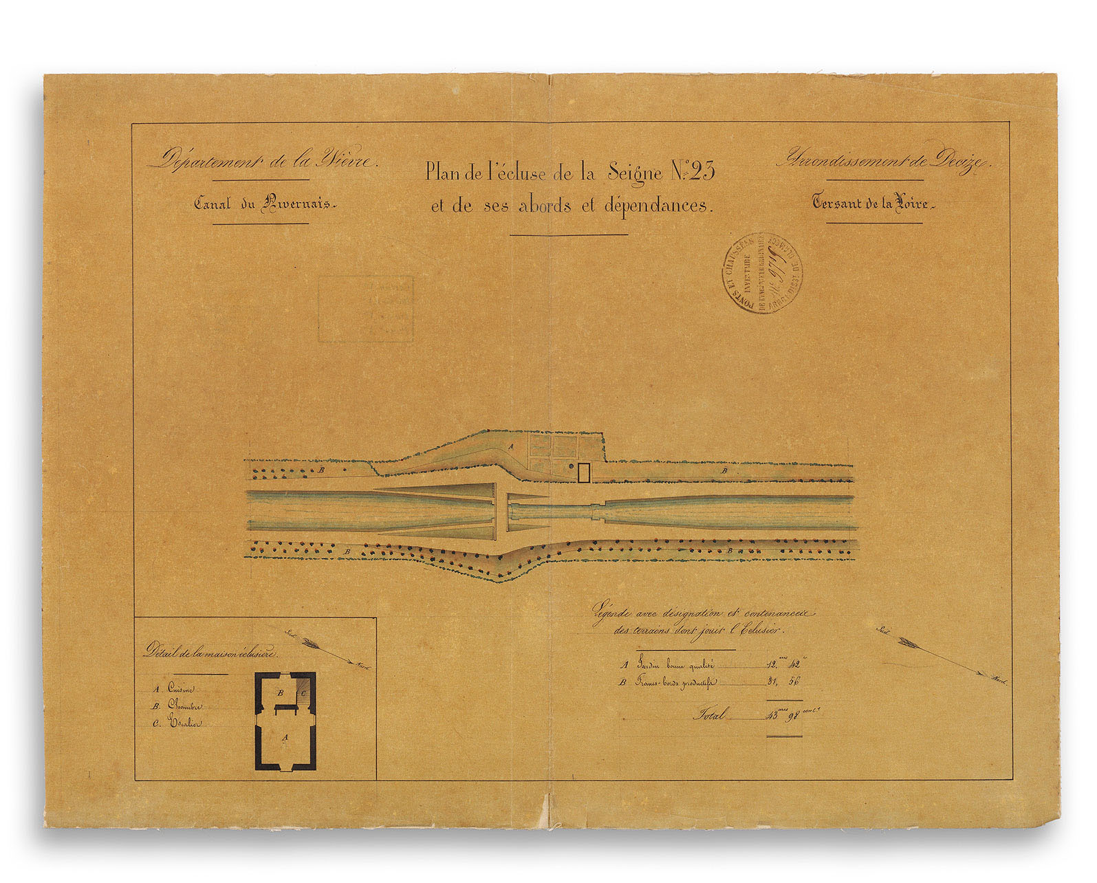 «&nbsp;Plan de l'écluse de la Seigne n°23 et de des abords et dépendances&nbsp;». Bief 23 du versant Loire à Limanton. VNF-direction territoriale Centre-Bourgogne&nbsp;; Subdivision de Corbigny.