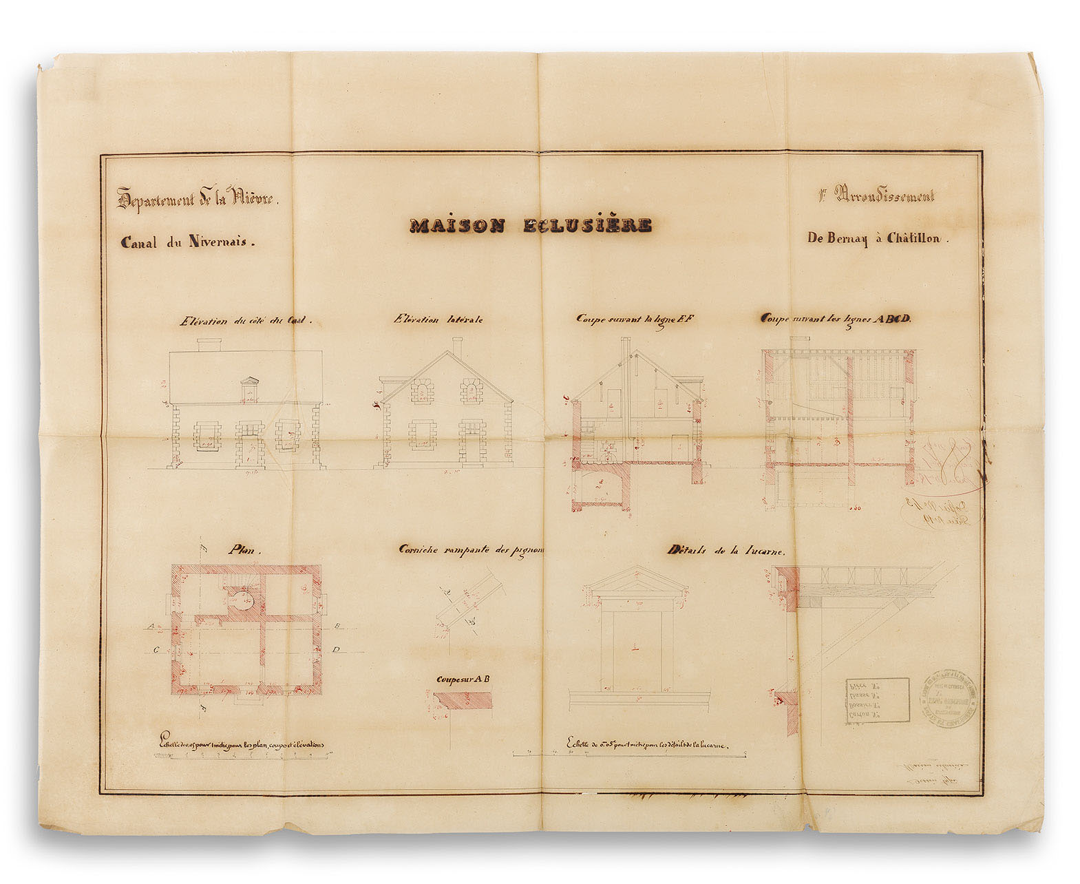 Plan, coupe, élévation et détail de la lucarne de la «&nbsp;Maison éclusière de Bernay à Châtillon&nbsp;», sur le site de l'écluse n°&nbsp;22 du versant Loire, dite de Bernay, à Biches. VNF-direction territoriale Centre-Bourgogne&nbsp;; Subdivision de Corbigny.