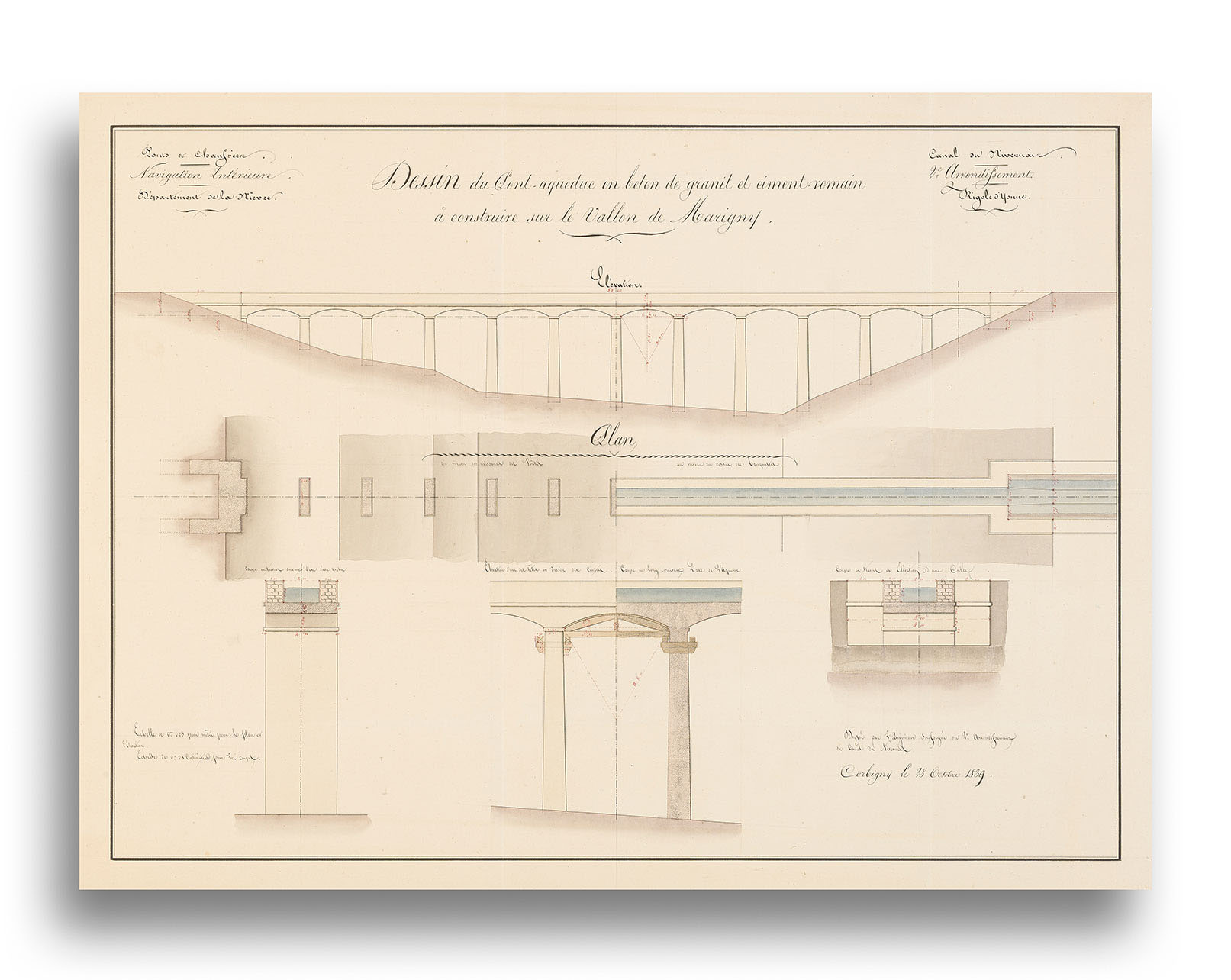 «&nbsp;Dessin du pont-aqueduc en béton de granit et ciment romain à construire sur le vallon de Marigny&nbsp;» pour faire passer la rigole d’Yonne à Montreuillon, au lieu-dit Marigny. Archives départementales de la Nièvre, 60 J 4.