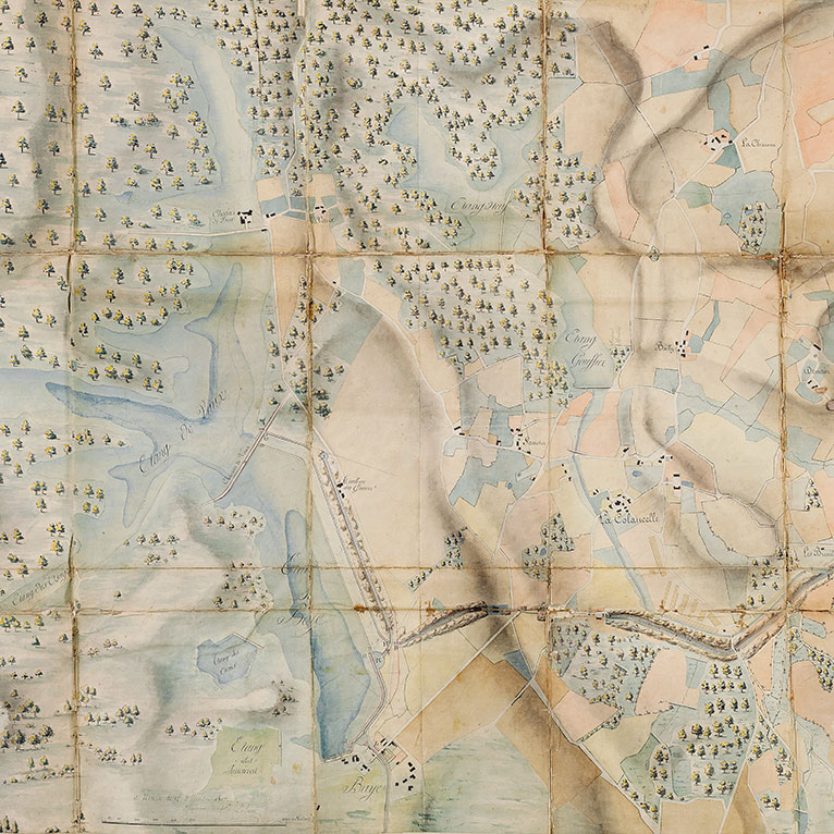 « Carte topographique des différents étangs destinés à former le réservoir du point de partage du Canal du Nivernais ». Plan aquarellé. VNF - Direction territoriale Centre-Bourgogne, Subdivision de Corbigny.