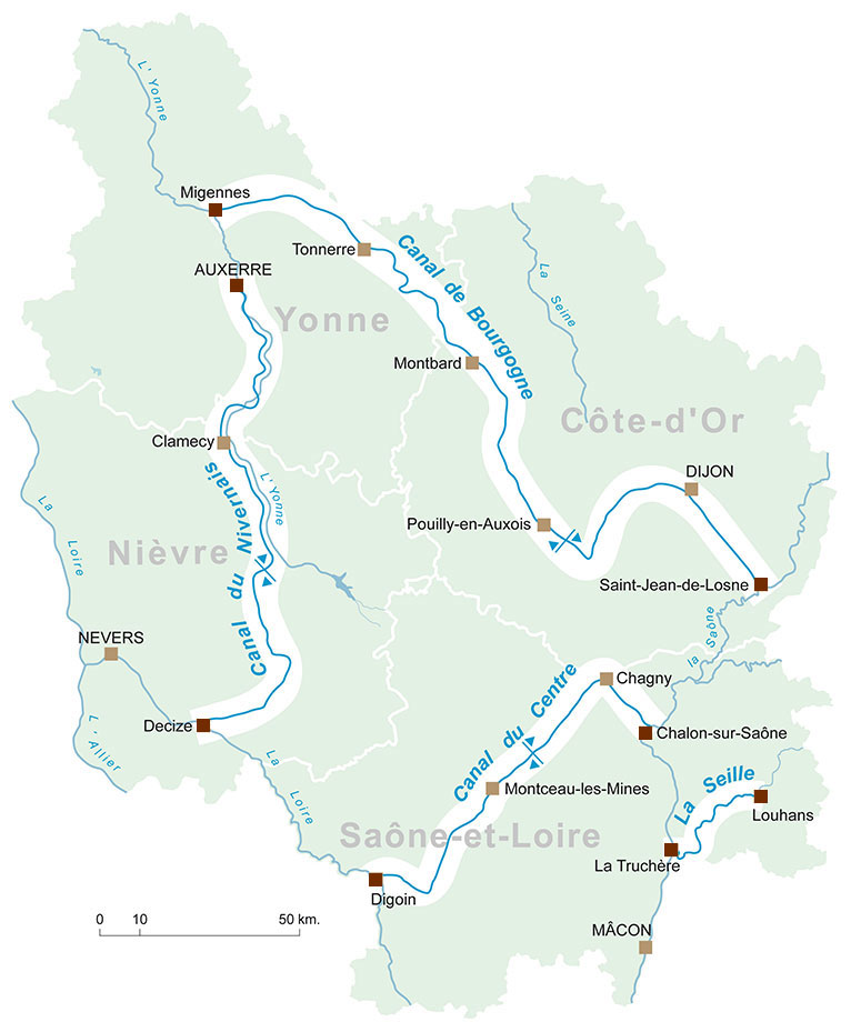 Carte de la Bourgogne avec les quatre voies d’eau