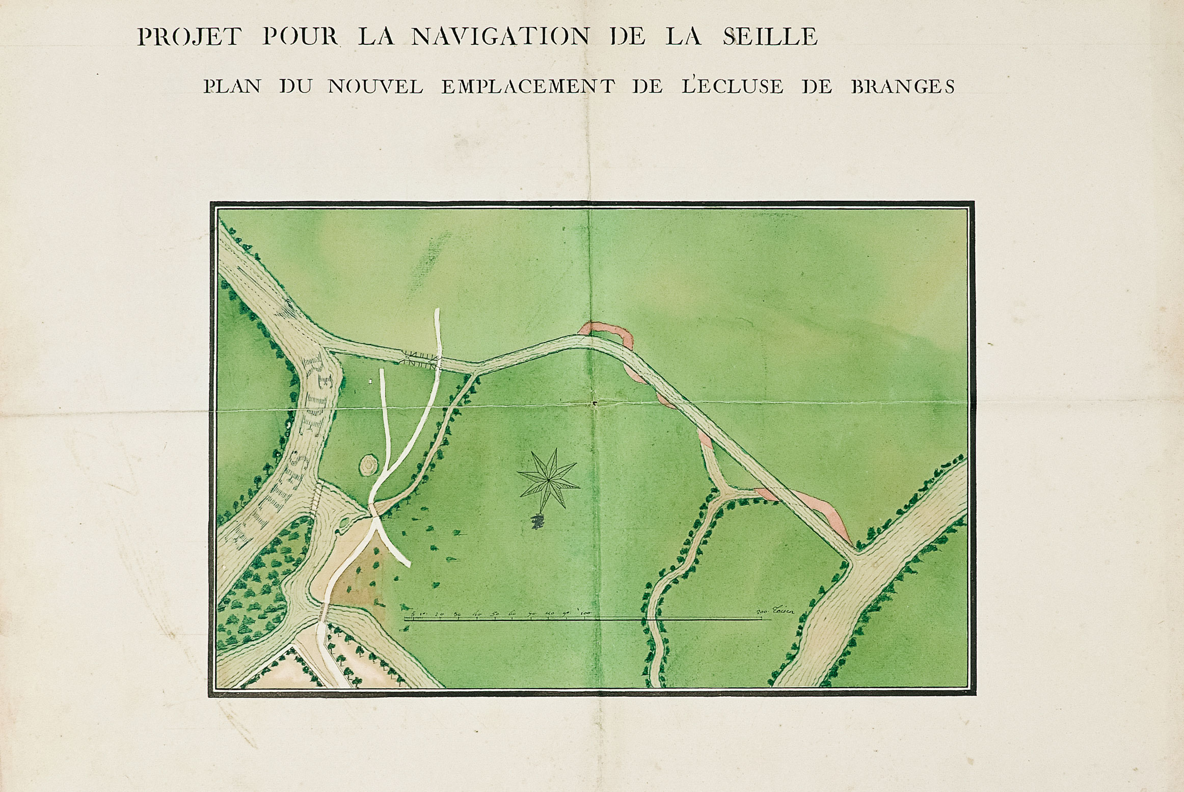 Projet pour la navigation de la Seille : plan du nouvel emplacement de l'écluse de Branges. Il s'agit probablement d'un plan d'avant 1784 : l'emplacement des écluses est différent de celui réalisé. Dessin aquarellé, 77 x 54 cm. VNF-direction territoriale Centre Bourgogne.
